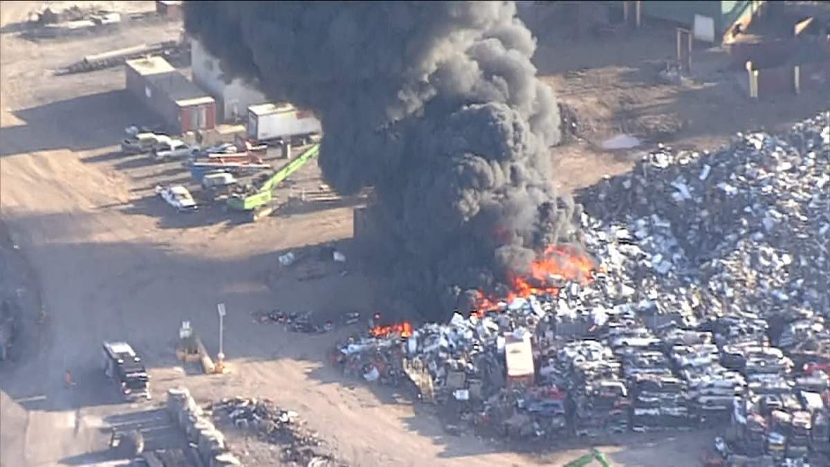 A huge fire at a recycling plant in Strathcona County sent a plume of flames and thick black smoke towering into the air early Saturday morning.