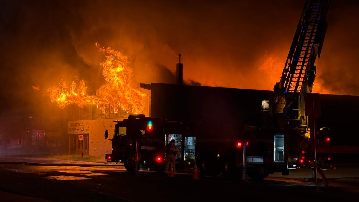 The fire raged Wednesday night as crews worked to get the blaze under control.