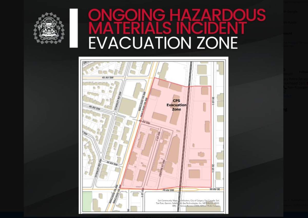 A post on social media by Calgary police shows the area that has been evacuated after the discovery of a suspicious package containing explosive material.