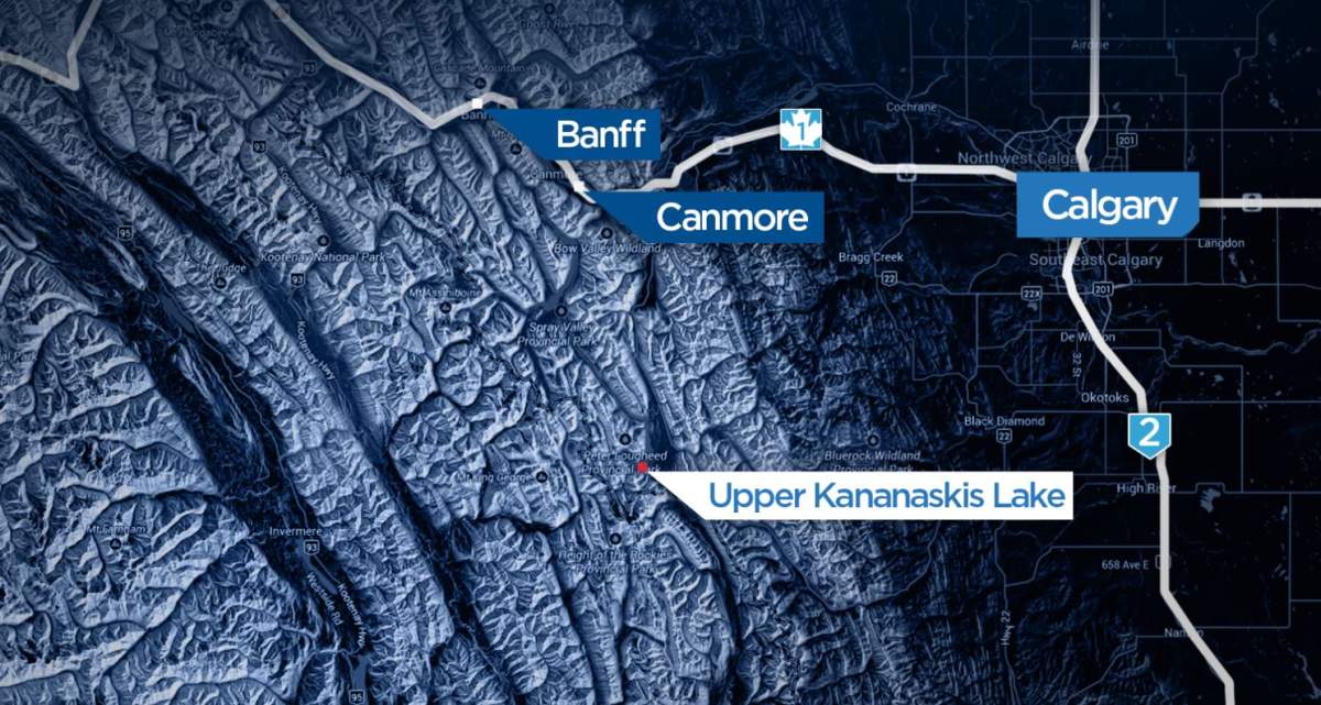 Upper Kananaskis Lake is a popular recreation area for boaters, fishers and hiking trails along the shoreline located about a two hour drive west of Calgary.