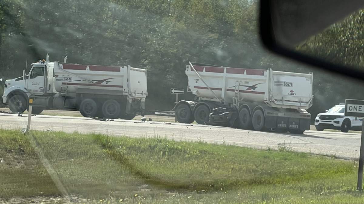 A Jeep Libery and a gravel truck with a trailer attached collided on Highway 16, near Range Road 43 in Parkland County on Monday, July 4, 2025.