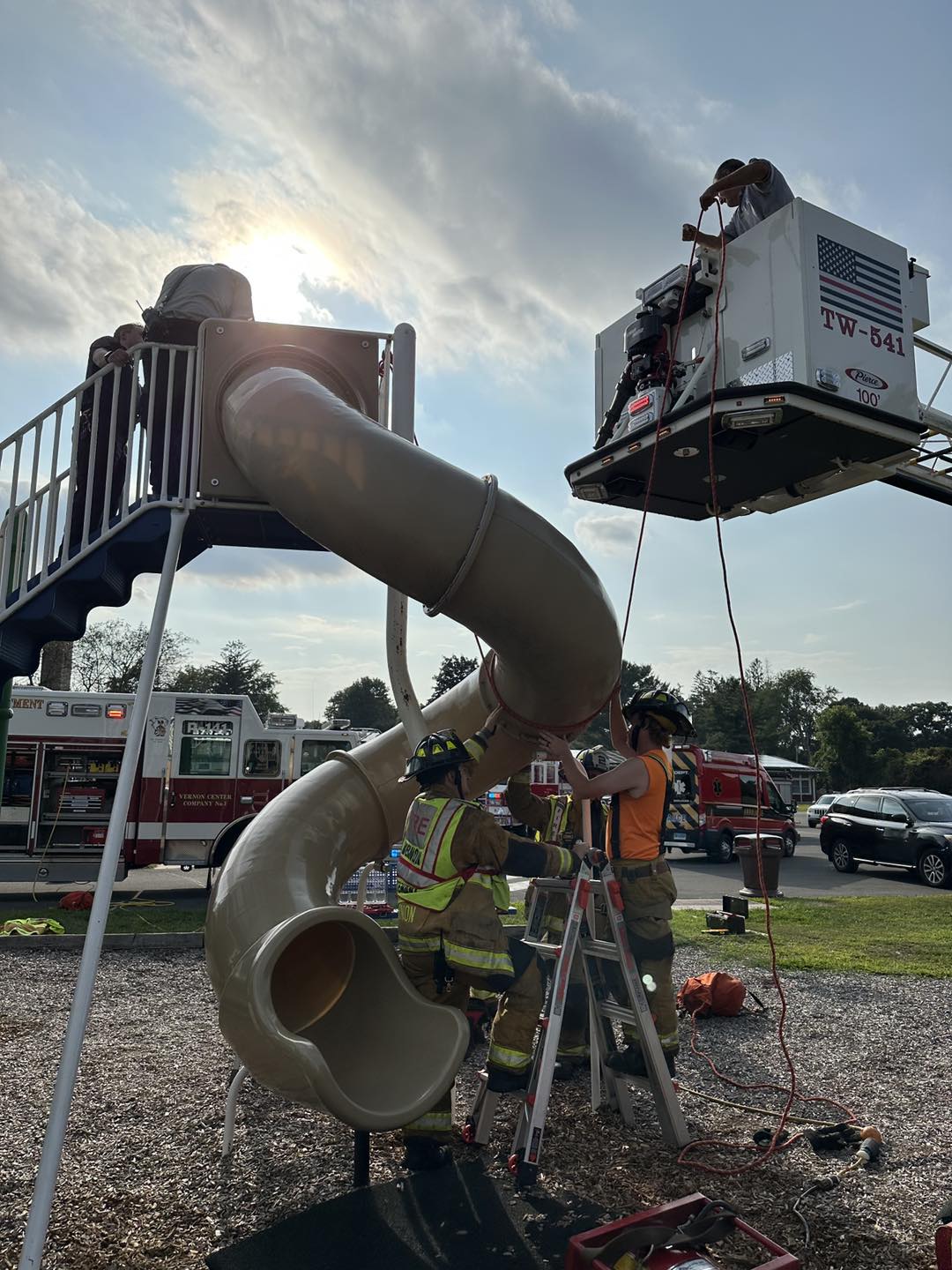 Firefighters in Connecticut rescue a 40-year-old man who became wedged inside a children's slide.