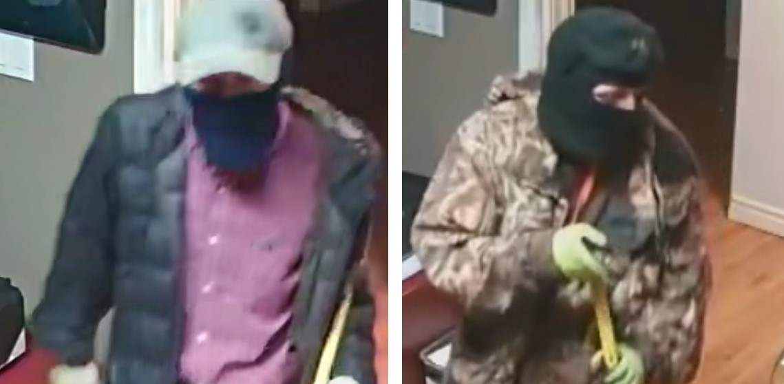 Manitoba RCMP believe these images depict the same man, who is a suspect in a pair of break-ins.