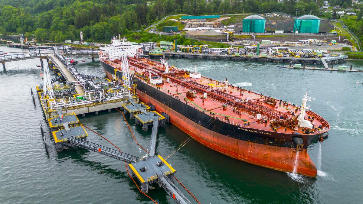 A tanker docked at Trans Mountain's Westridge marine terminal in Burnaby, B.C., from where oil is shipped to overseas markets.