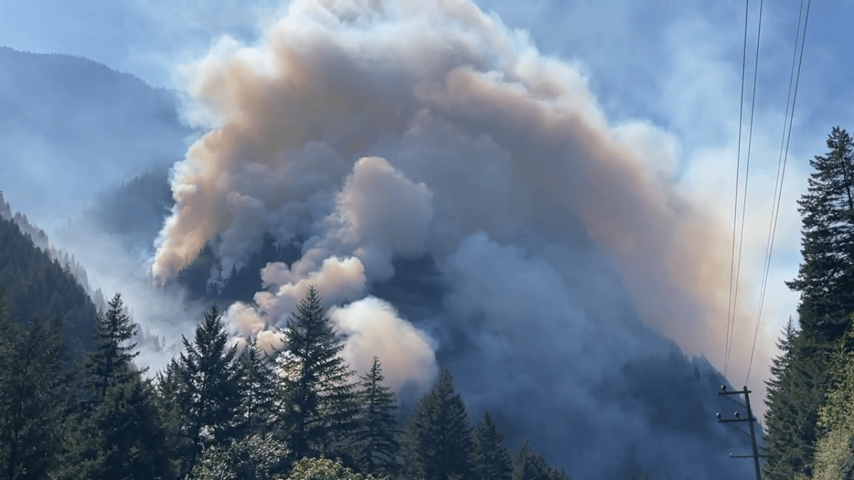 The fire is very visible from Highway 1 through the Fraser Canyon.