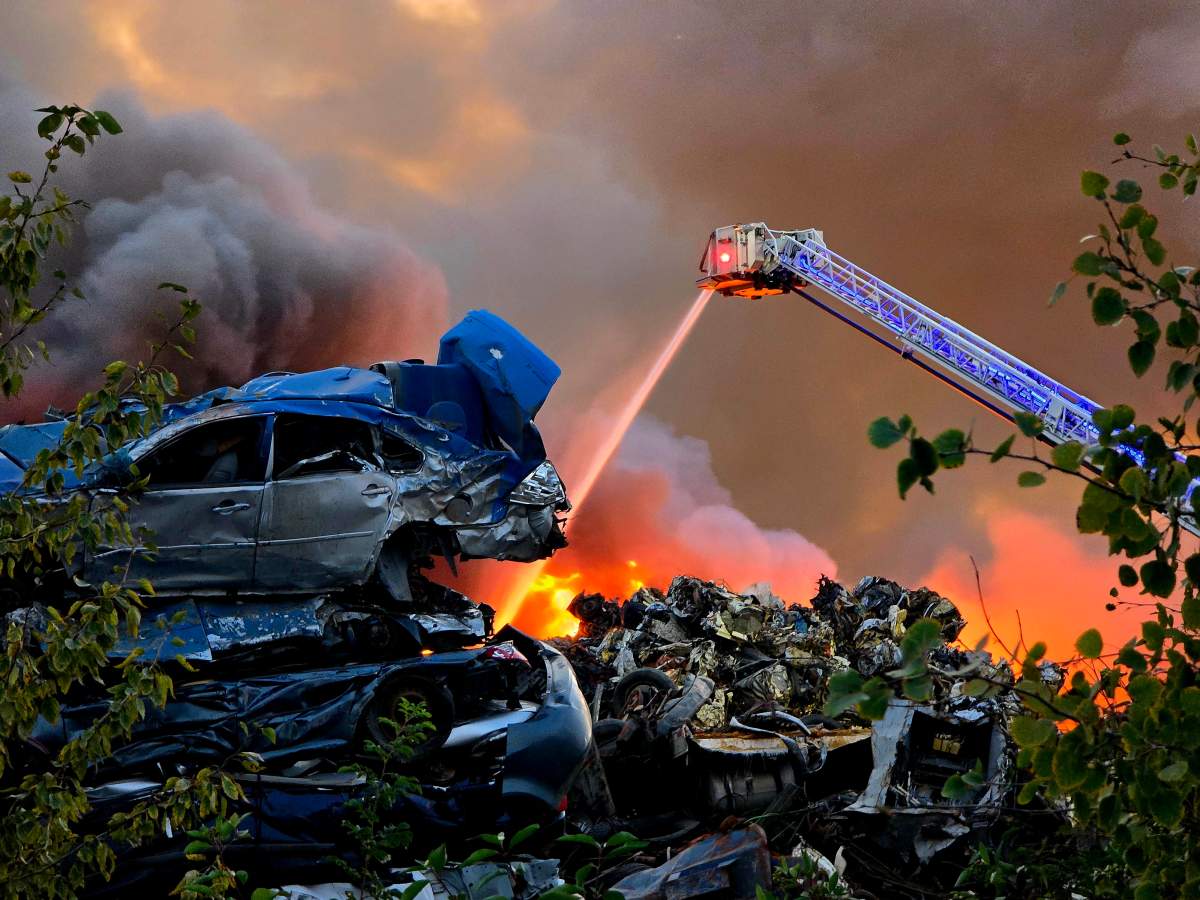 A large fire at the GenAlta recycling plant in Strathcona County, east of Edmonton, on Saturday, Aug. 30, 2025.