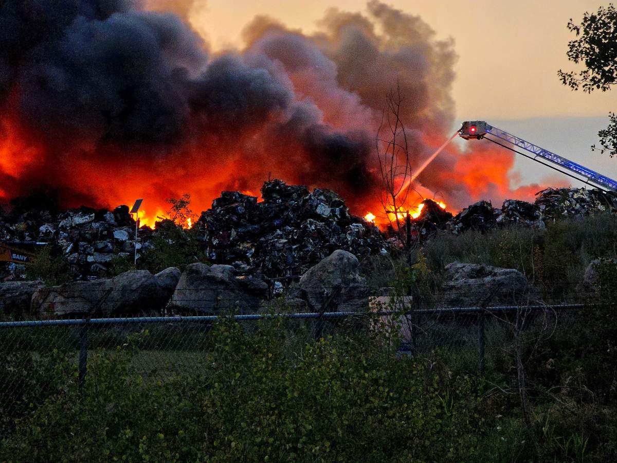 A large fire at the GenAlta recycling plant in Strathcona County, east of Edmonton, on Saturday, Aug. 30, 2025.