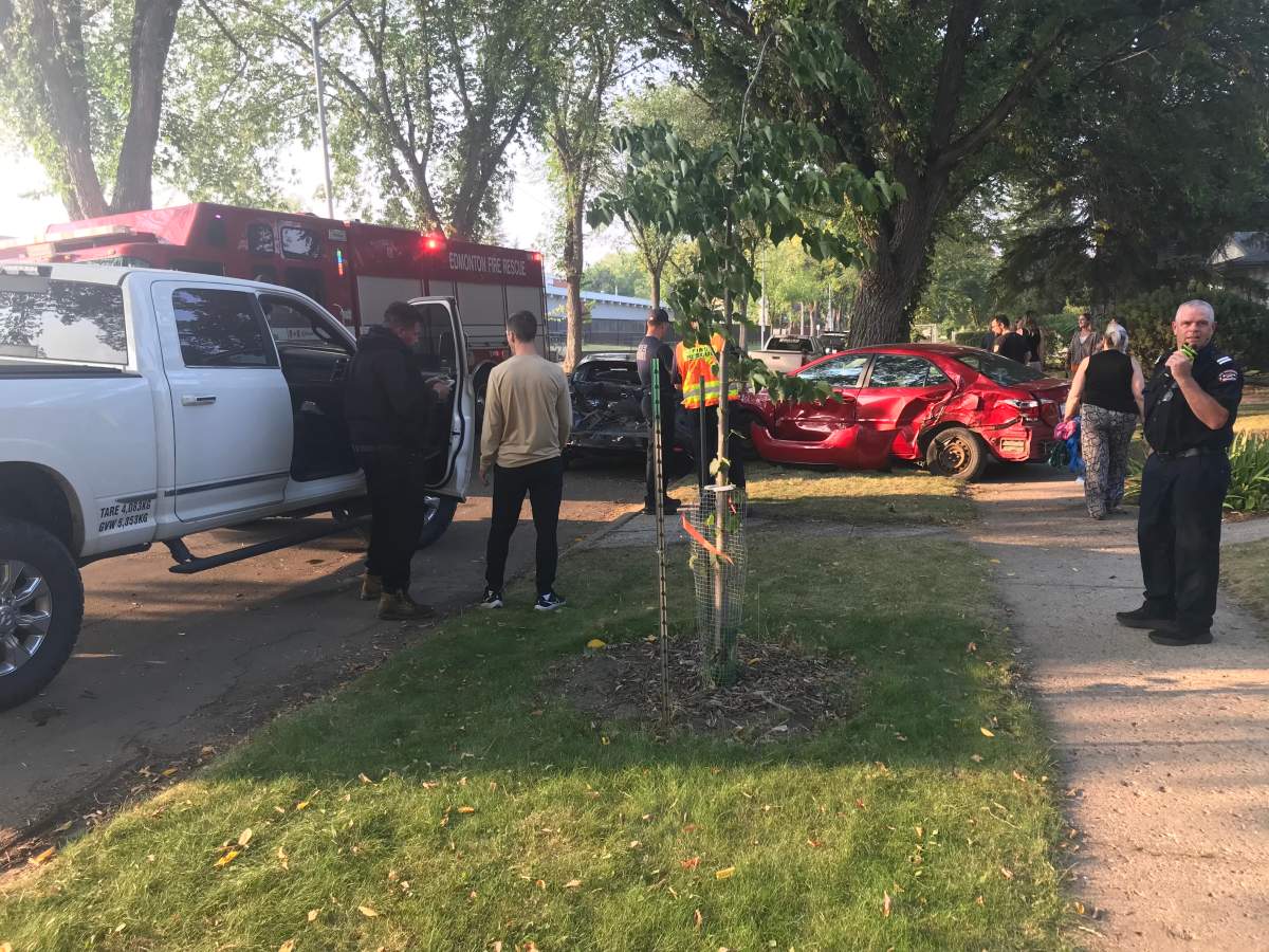 A truck smashed two cars in Edmonton's Forest Heights neighbourhood on Tuesday, Sept. 9, 2025.