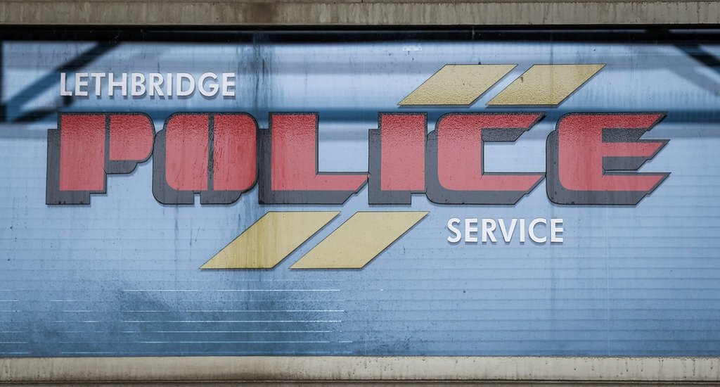 A sign on Lethbridge Police Service headquarters is pictured in Lethbridge, Alta., on Tuesday, April 16, 2024. 