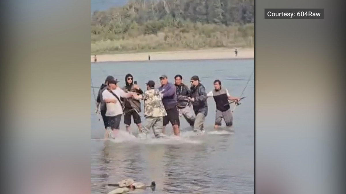 A brawl breaks out between anglers on the Fraser River in Chilliwack on Sunday, Aug. 31, 2025.