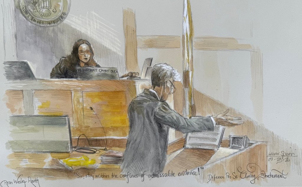 Courtroom sketch of Ryan Routh speaking