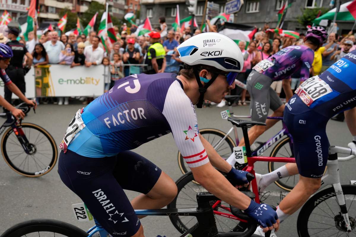 Pier-Andre Cote from the Israel Premier Tech team rides during the eleventh stage of the Spanish Vuelta cycling race, from Bilbao to Bilbao, Spain, Wednesday, Sept. 3, 2025. 