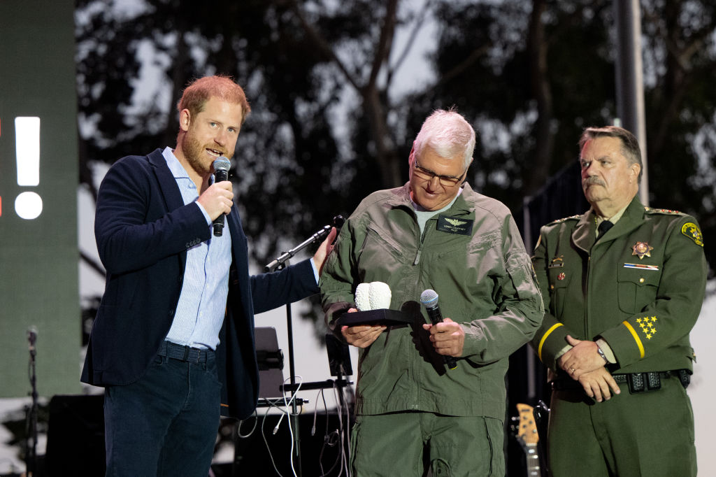 Prince Harry, Duke of Sussex, speaks onstage with First Responders during the One805 Live Fall Concert benefiting First Responders on September 20, 2024 in Carpinteria, California.