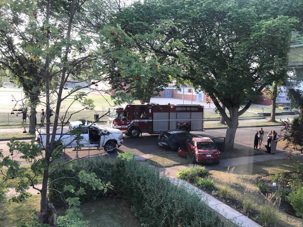 A truck smashed two cars in Edmonton's Forest Heights neighbourhood on Tuesday, Sept. 9, 2025.