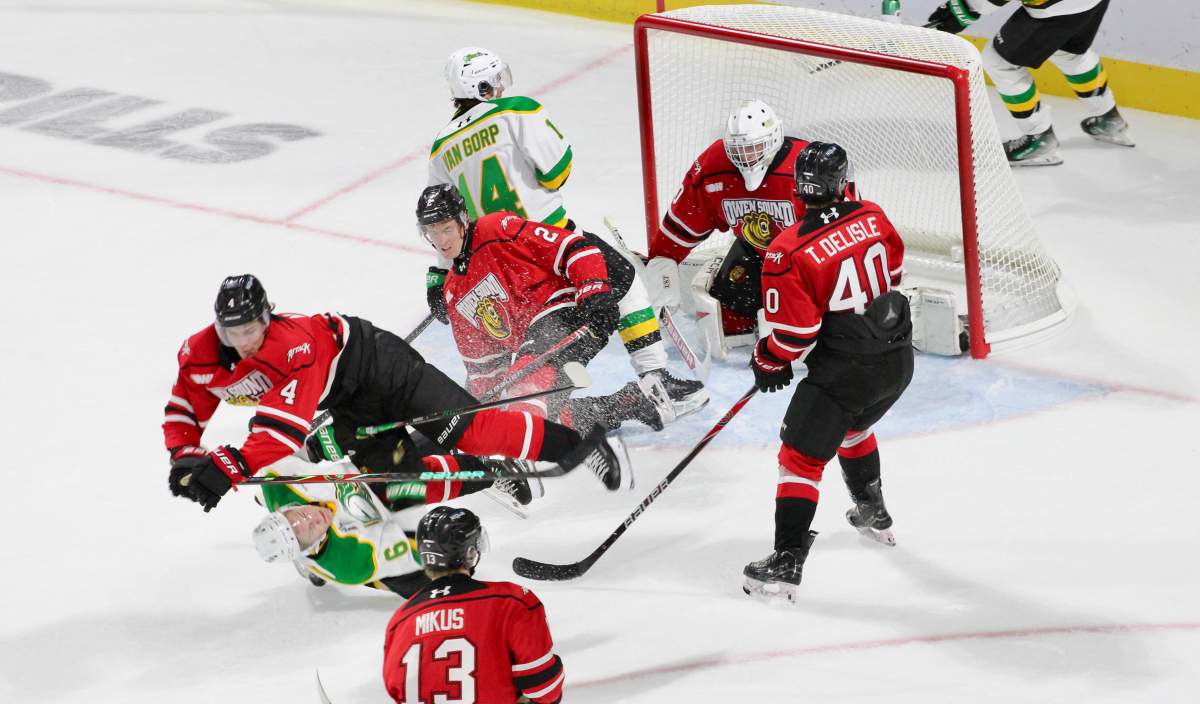 Action between the London Knights and the Owen Sound Attack on Sept. 19, 2025.