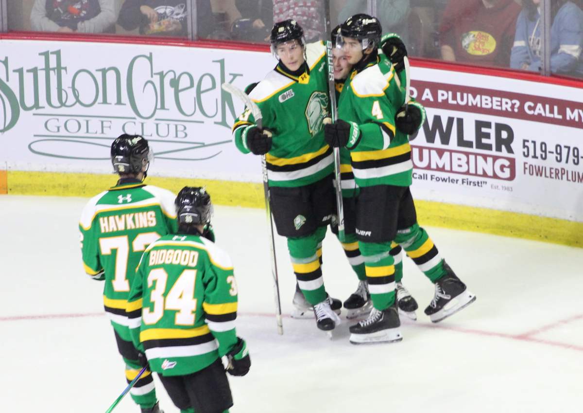 The London Knights celebrate Logan Hawery's second period goal in Windsor on Sept. 20, 2025.