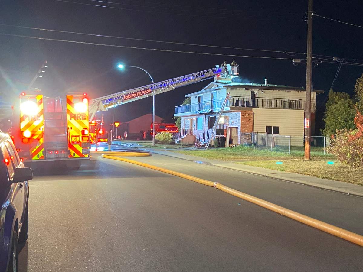 A suspicious house fire broke out at a duplex near 106 Avenue and 151 Street in west Edmonton's Canora neighbourhood on Monday, Sept. 29, 2025.
