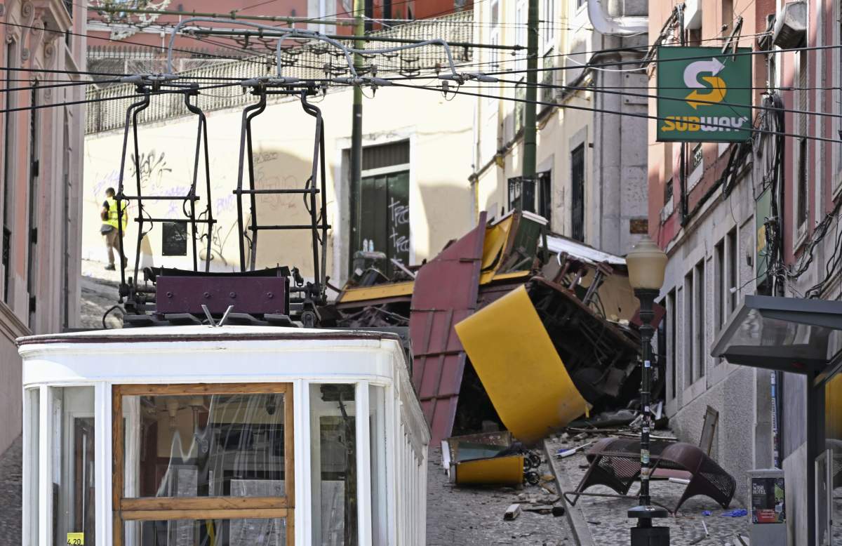 The site of the funicular accident in Lisbon, Portugal, one of the Portuguese capital's most famous tourist attractions, that derailed and crashed on Wednesday, leaving 16 people dead and 21 injured.