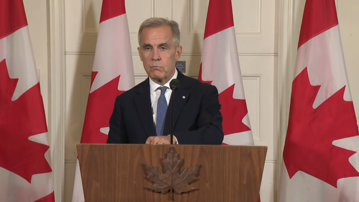 Mark Carney stands behind a podium in front of Canadian flags