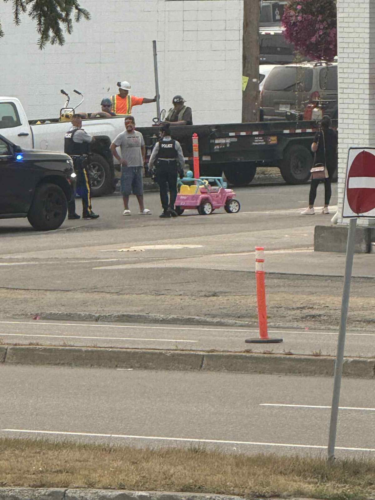 A man was caught riding a pink toy jeep down a road in Prince George on Friday morning during the commute.