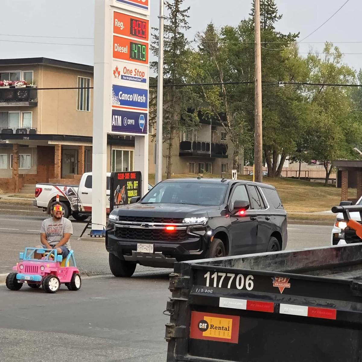 A man was caught riding a pink toy jeep down a road in Prince George on Friday morning during the commute.