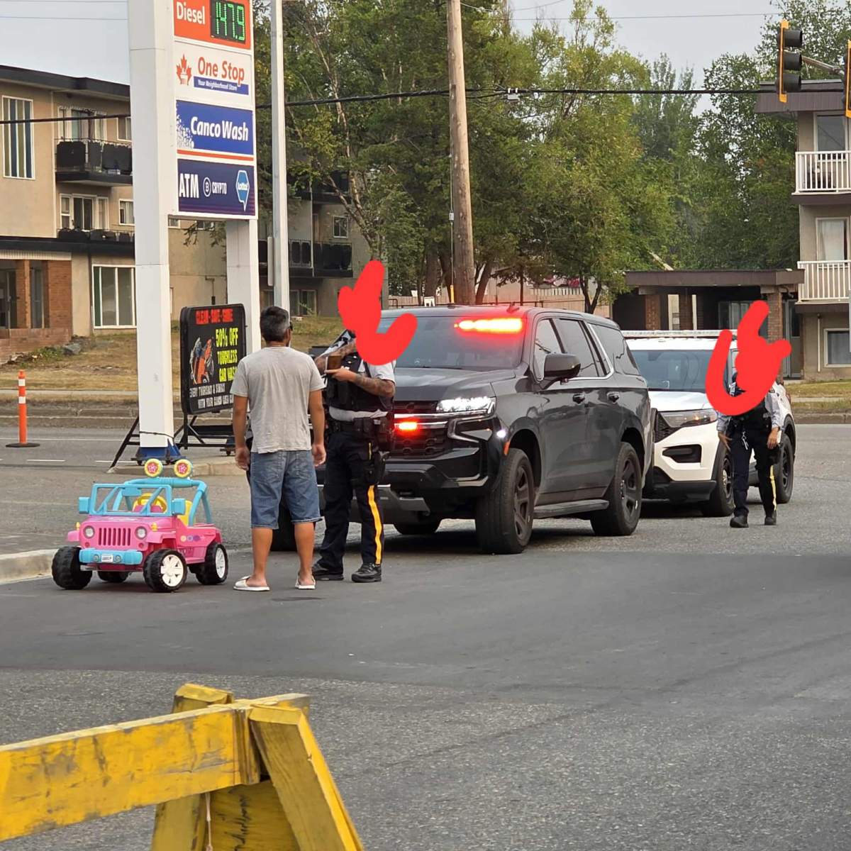 A man was caught riding a pink toy jeep down a road in Prince George on Friday morning during the commute.