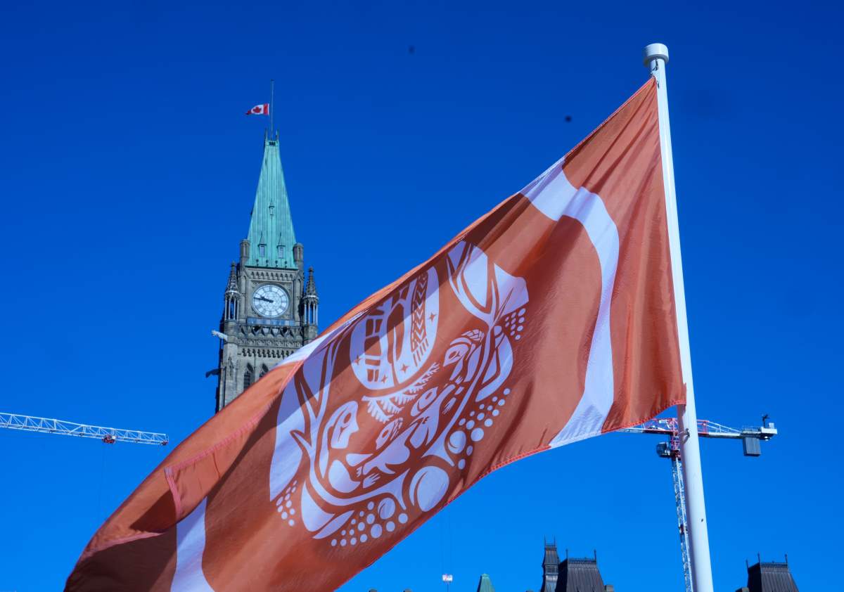 The Survivors flag flies on Parliament Hill ahead of ceremonies to mark National Day for Truth and Reconciliation, Monday, September 30, 2024 in Ottawa.