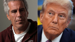 Left: Jeffrey Epstein in Cambridge, MA in the 2004. Right: President Donald Trump in the Oval Office of the White House on September 5, 2025 in Washington, DC.