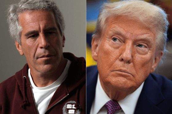 Left: Jeffrey Epstein in Cambridge, MA in the 2004. Right: President Donald Trump in the Oval Office of the White House on September 5, 2025 in Washington, DC.