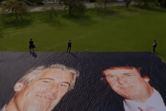 A giant photo of Donald Trump and Jeffrey Epstein is unfurled outside Windsor Castle ahead of the president's state visit to the U.K.