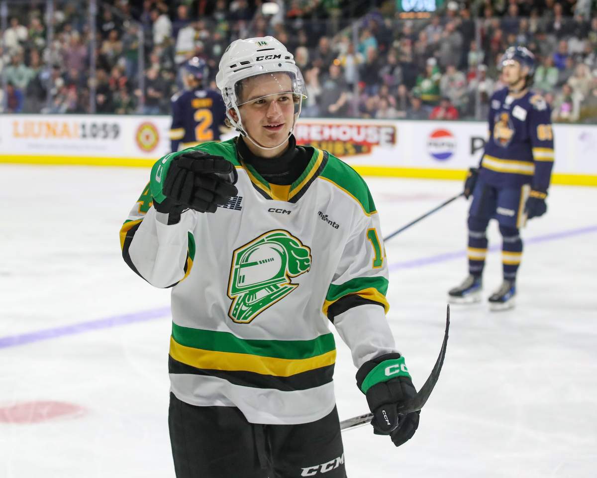 Evan Van Gorp of the London Knights celebrates a goal against the Erie Otters.