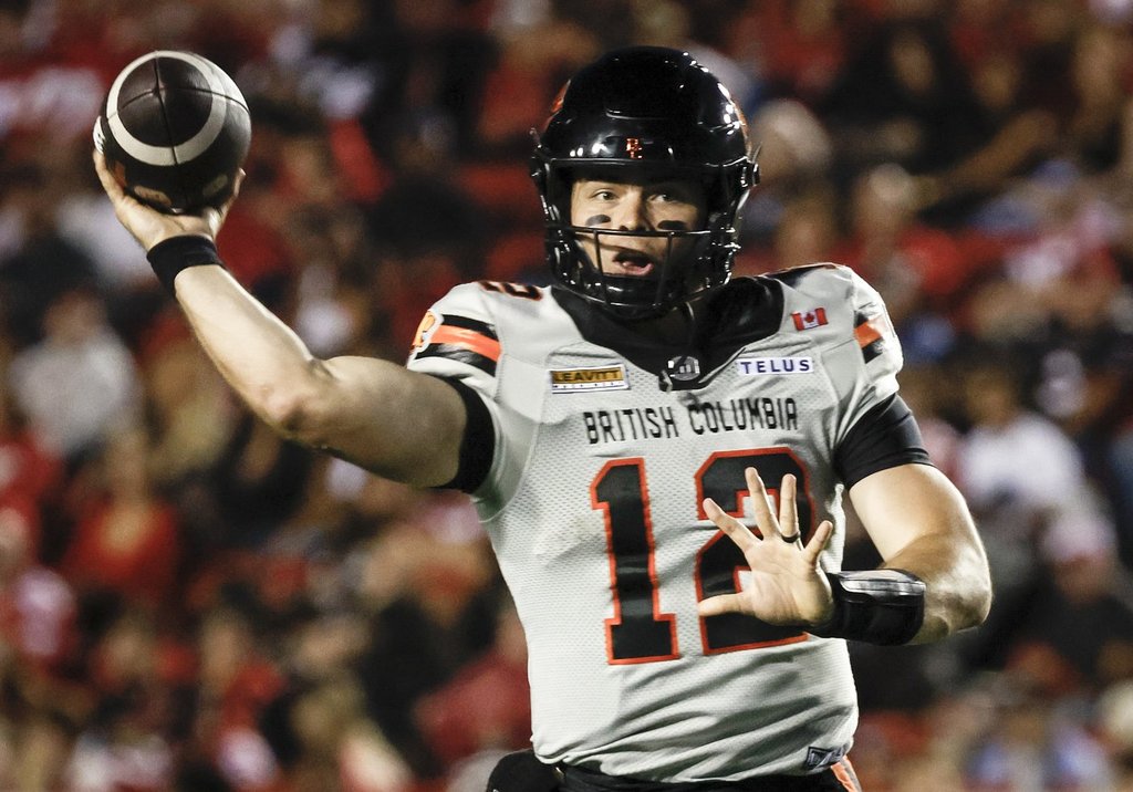 B.C. Lions quarterback Nathan Rourke throws the ball during first half CFL football action against the Calgary Stampeders in Calgary, Friday, Sept. 19, 2025. THE CANADIAN PRESS/Jeff McIntosh.