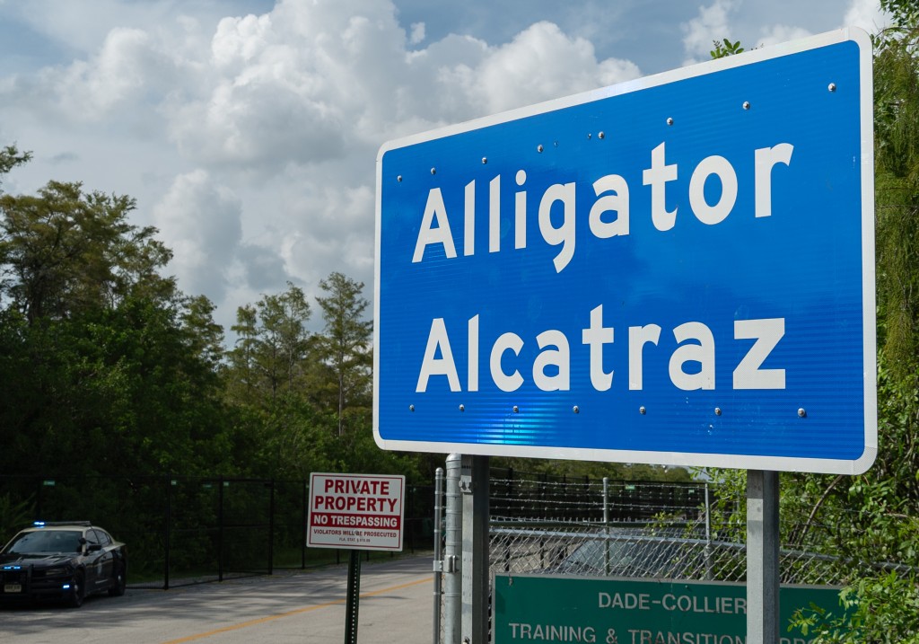 Sign for 'Alligator Alcatraz' at the entrance to the detention center in the Everglades, Florida, United States, on Aug. 24, 2025.