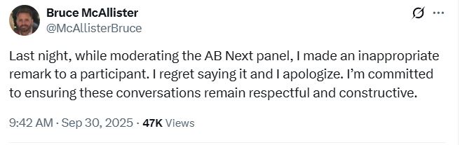 The moderator of Monday's Alberta Next town hall in Calgary, apologized in an online post, for suggesting a teenager's parents should spank him, when he tried to ask a question.