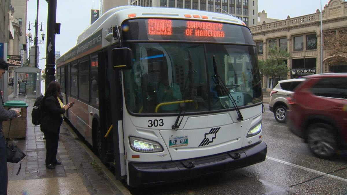 A bus on a route in downtown Winnipeg on Sept. 4, 2025.