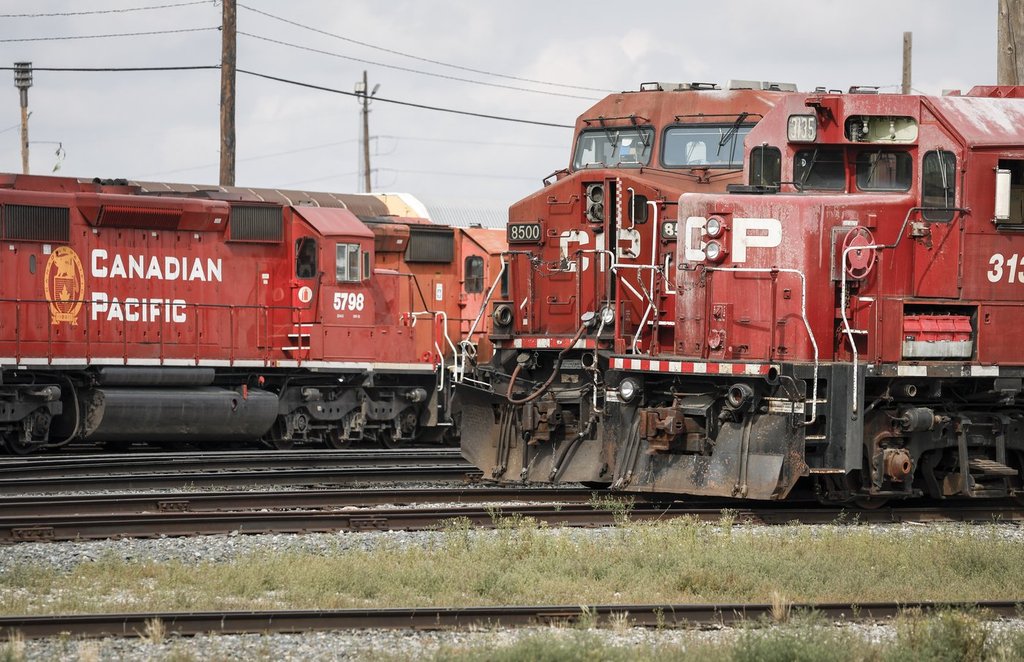 Locomotives sit idol at the CPKC railyard in Calgary, Alta., Thursday, Aug. 22, 2024. THE CANADIAN PRESS/Jeff McIntosh.