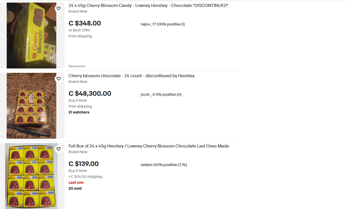 Several listings on eBay for Cherry Blossom chocolates that were discontinued by Hershey in early 2025.