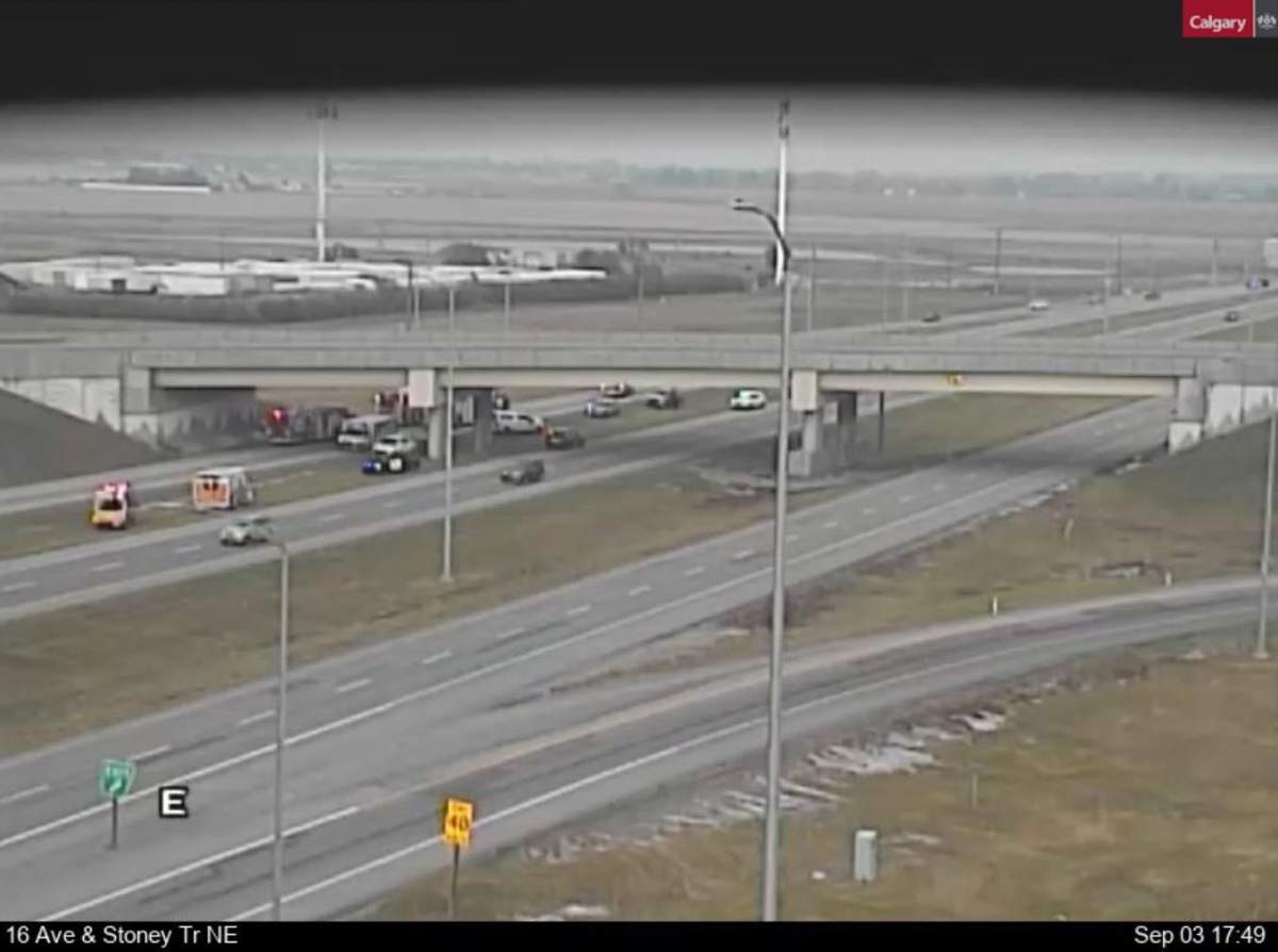This photo from a City of Calgary traffic camera shows a serious collision on 16 Avenue, just east of the intersection with 68 Avenue northeast, in September of 2023.