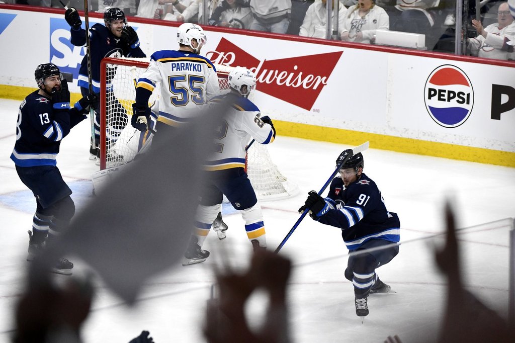 Winnipeg Jets’ Cole Perfetti (91) celebrates his goal on the St. Louis Blues during second period NHL round one, game seven Stanley Cup playoff action in Winnipeg, Sunday May 4, 2025. THE CANADIAN PRESS/Fred Greenslade