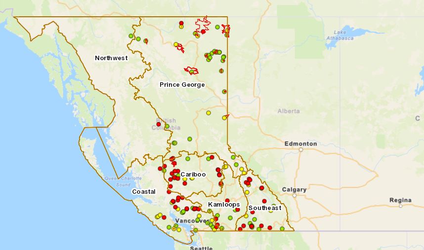 A map from the B.C. Wildfire Service, showing the location of the roughly 150 wildfires that are still burning in the province.
