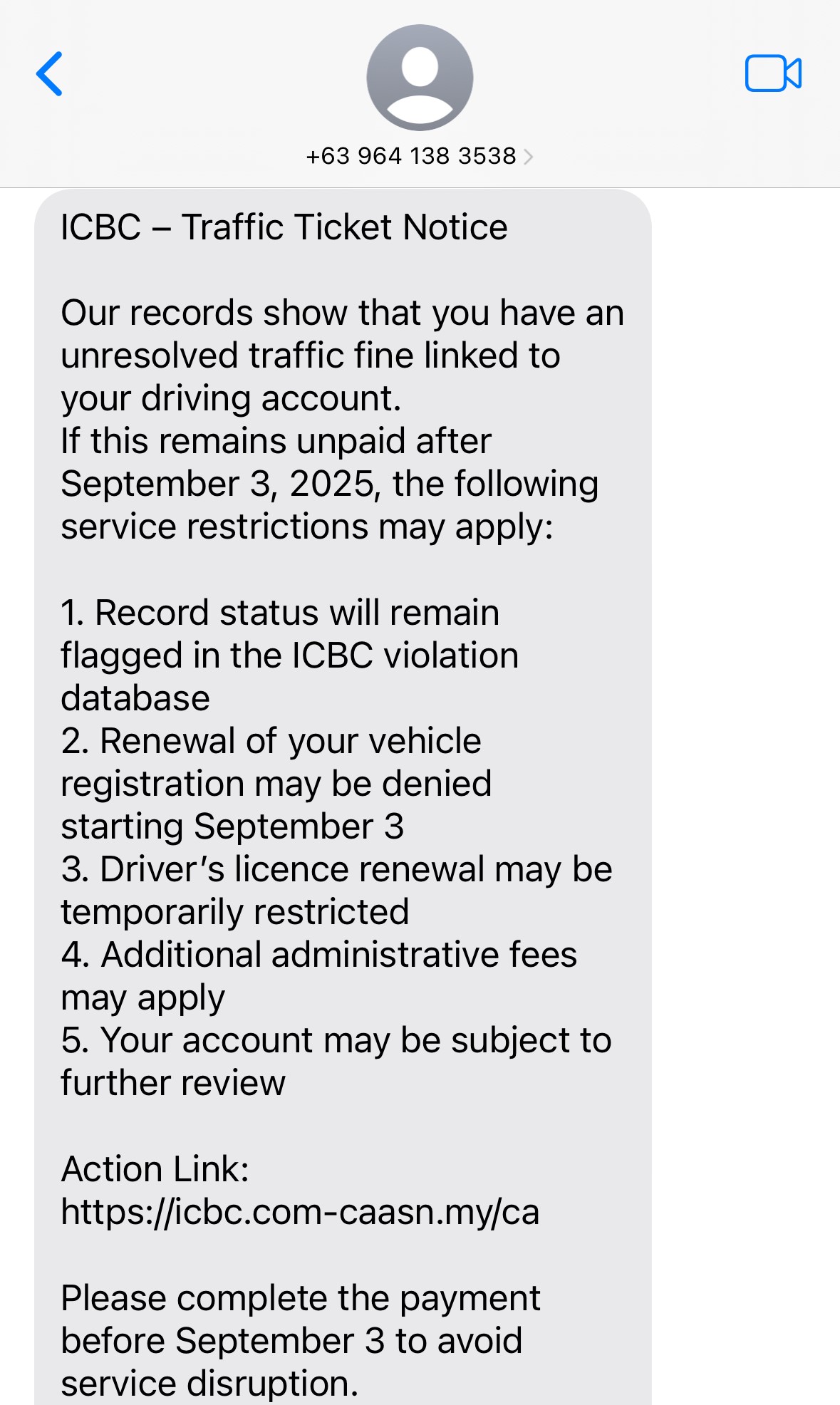 An example of what the text scam from ICBC looks like.
