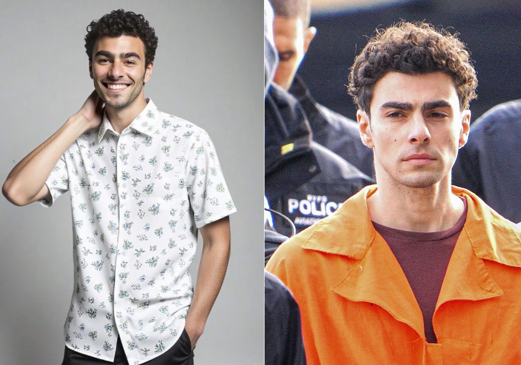 Shein product listing featuring an edited image and Luigi Mangione seen arriving at the South Street Helipad in New York City on December 19, 2024.