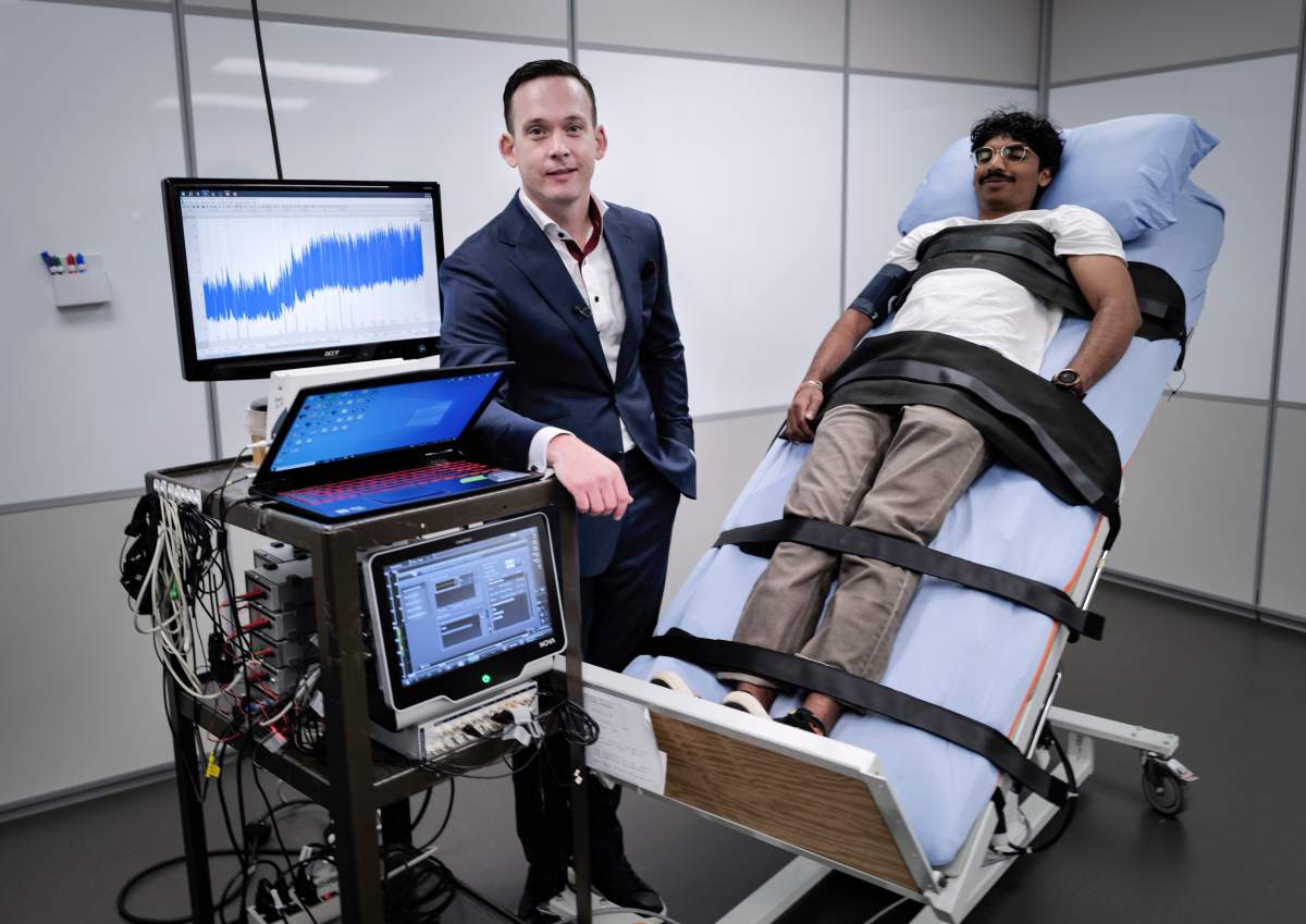 Aaron Phillips, an associate dean at the Cumming School of Medicine, explains a new implant that restores blood pressure balance after spinal cord injury in Calgary, Tuesday, Sept. 16, 2025.