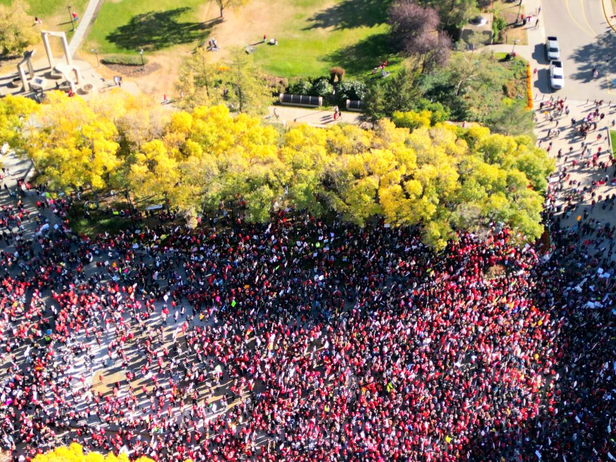 Demonstrators gather at the Alberta Legislature to protest in support of teachers ahead of the strike on Sunday, Oct. 5, 2025.