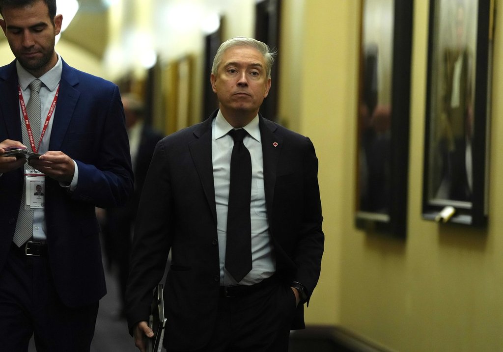 Minister of Finance and National Revenue Francois-Philippe Champagne makes his way to a meeting of the Liberal caucus, on Wednesday, Oct. 1, 2025. THE CANADIAN PRESS/Justin Tang.