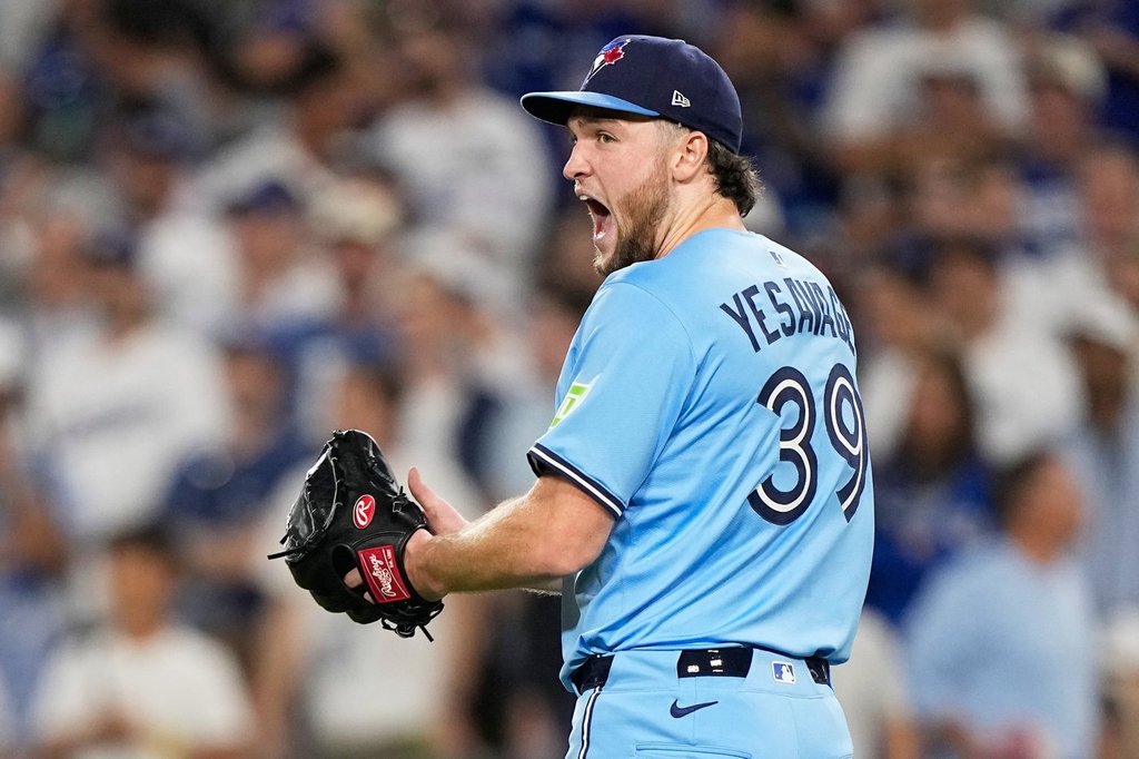 Toronto Blue Jays pitcher Trey Yesavage celebrates the end on the seventh inning in Game 5 of baseball’s World Series against the Los Angeles Dodgers, Wednesday, Oct. 29, 2025, in Los Angeles.