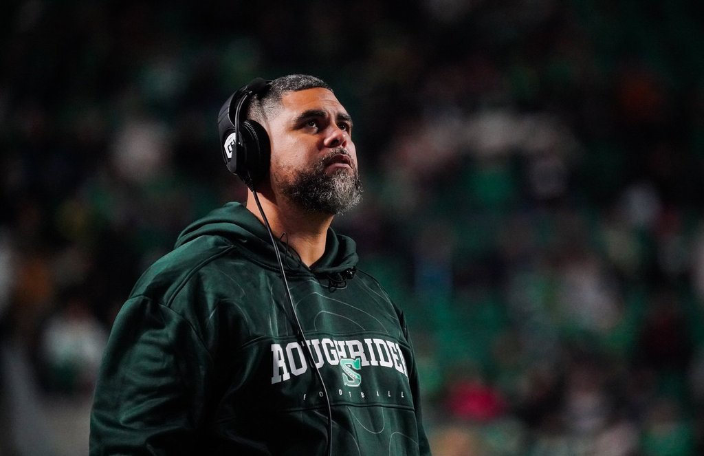 Saskatchewan Roughriders head coach Corey Mace looks on during the first half of CFL football action against the Toronto Argonauts in Regina, on Friday, October 10, 2025. 