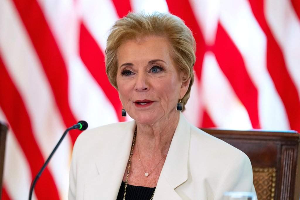 FILE - Education Secretary Linda McMahon speaks during a meeting in the East Room of the White House, Sept. 4, 2025, in Washington. (AP Photo/Alex Brandon, File).
