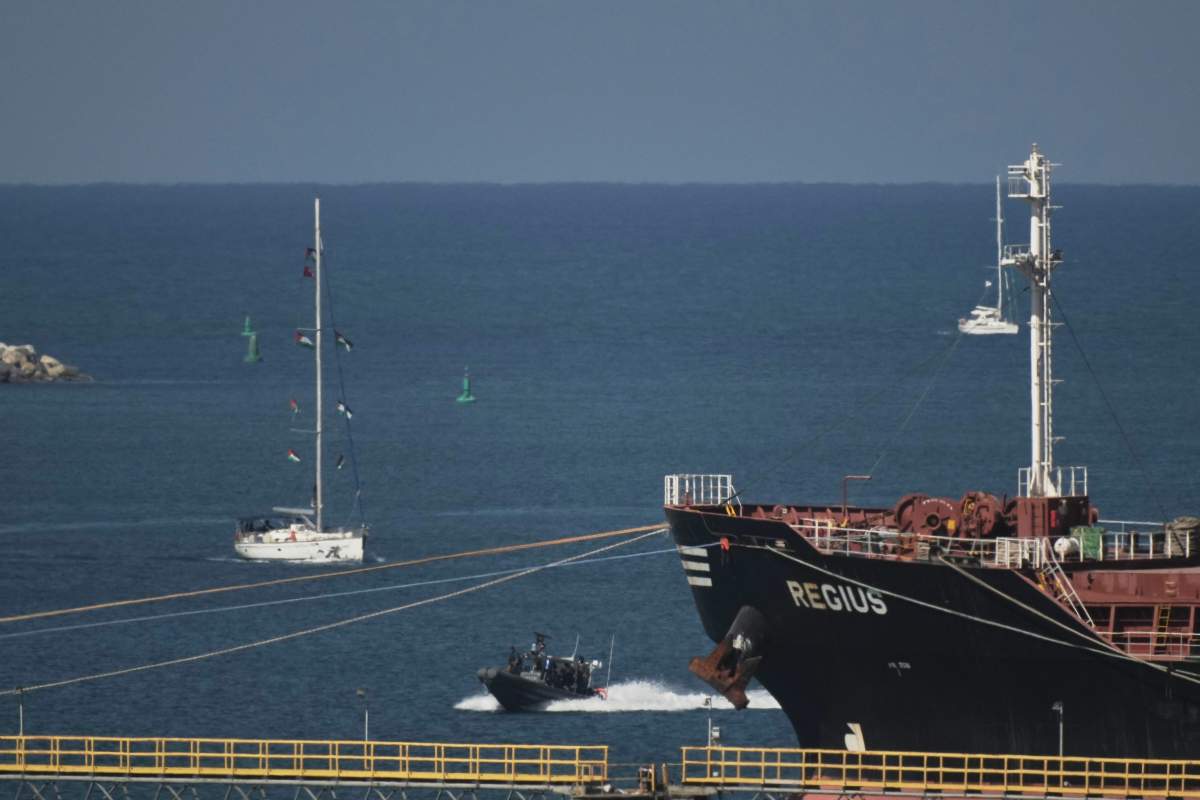 A Gaza-bound Sumud flotilla boat sails into the port of Ashdod, Israel, Thursday, Oct. 2, 2025, after it was intercepted off the Gaza coast.