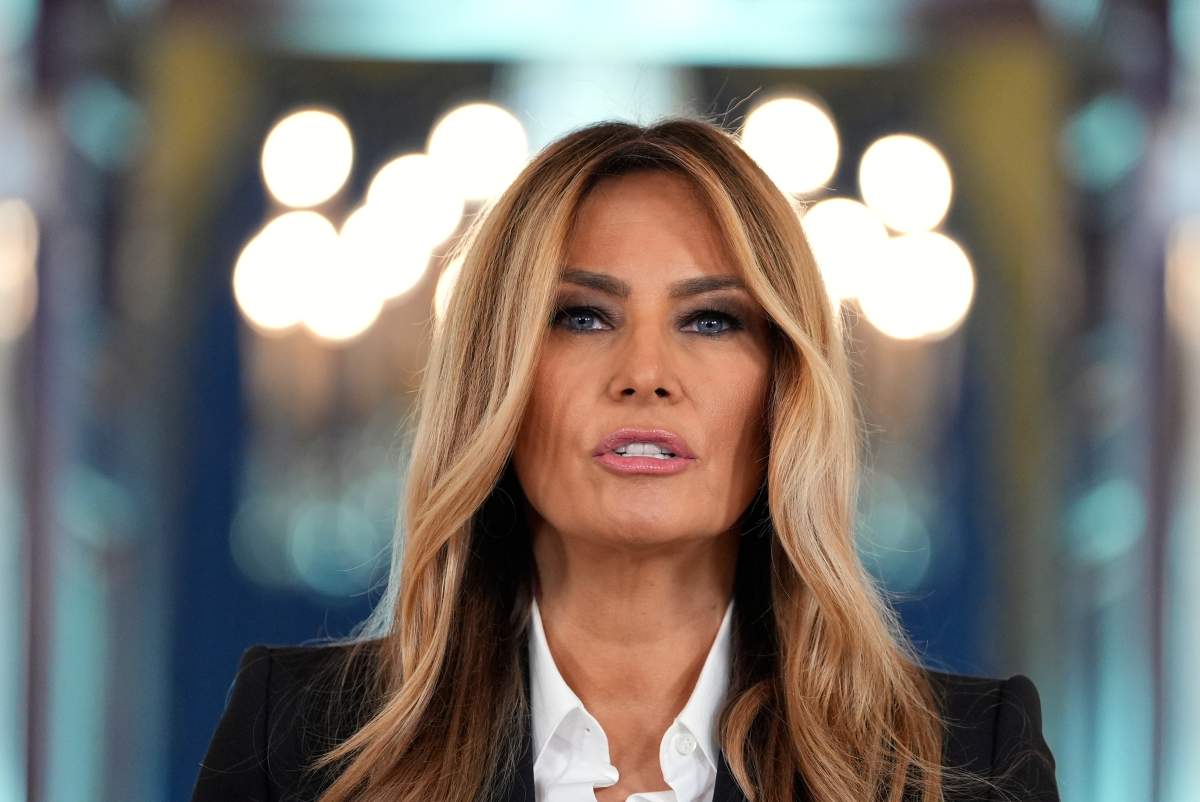First lady Melania Trump speaks in the Grand Foyer of the White House, Friday, Oct. 10, 2025, in Washington. 
